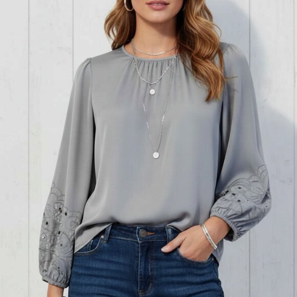 Express Slate Blue Embroidered Balloon Sleeve Blouse - Size Small - Picture 1 of 5